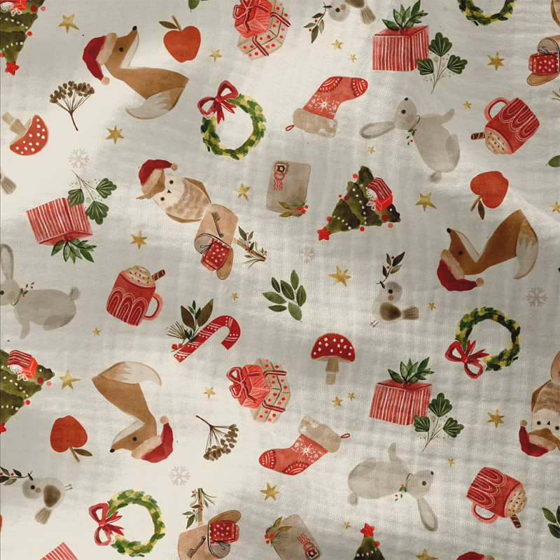 Printed Double Gauze GOUPIX Ecru / Red